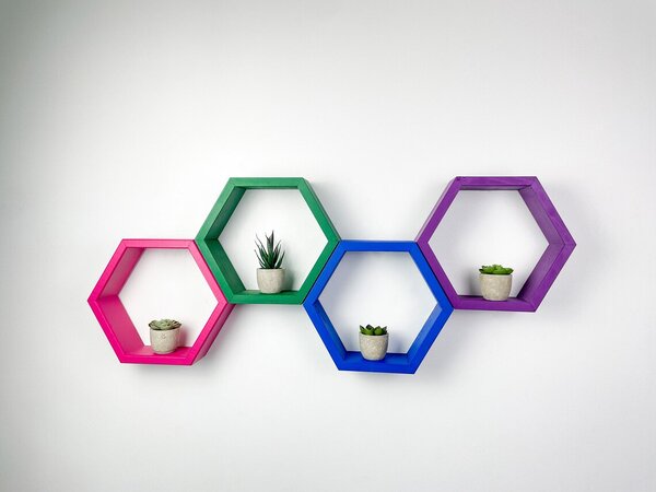 Set 4 rafturi de perete din lemn, in forma hexagonala, cu prindere ascunsa, Baby Love, multicolor, 37,5 x 32,5 x 9,5 cm