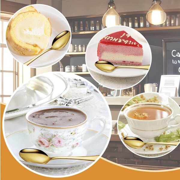 Set 6 lingurite Pufo Simple pentru cafea, ceai, desert, otel inoxidabil, auriu, 14 cm