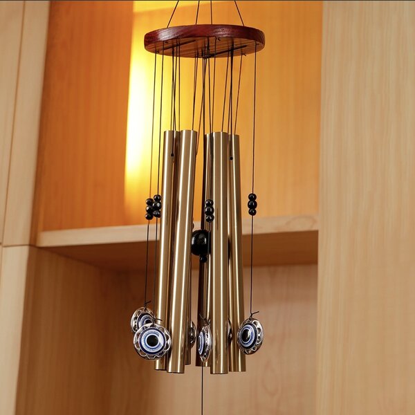 Clopotel de vant Pufo cu 5 tuburi sonore metalice pentru casa sau gradina, model Ochiul lui Fatima, auriu