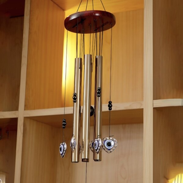 Clopotel de vant Pufo cu 5 tuburi sonore metalice pentru casa sau gradina, model Fatima's Heart, auriu