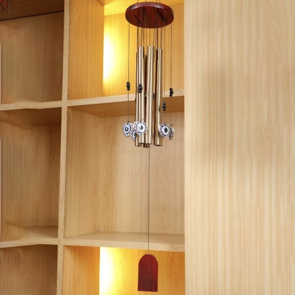 Clopotel de vant Pufo cu 5 tuburi sonore metalice pentru casa sau gradina, model Fatima's Heart, auriu