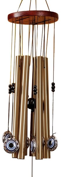 Clopotel de vant Pufo cu 5 tuburi sonore metalice pentru casa sau gradina, model Ochiul lui Fatima, auriu