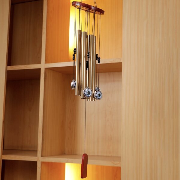 Clopotel de vant Pufo cu 5 tuburi sonore metalice pentru casa sau gradina, model Ochiul lui Fatima, auriu