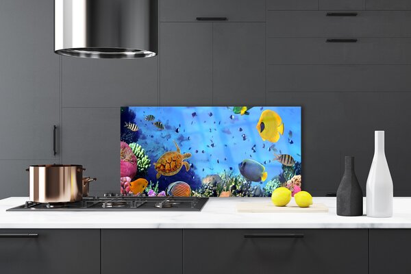 Panou sticla bucatarie Coral Reef subacvatice de pește Natura Albastru Galben Multi