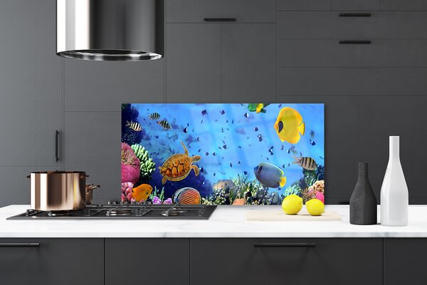 Panou sticla bucatarie Coral Reef subacvatice de pește Natura Albastru Galben Multi