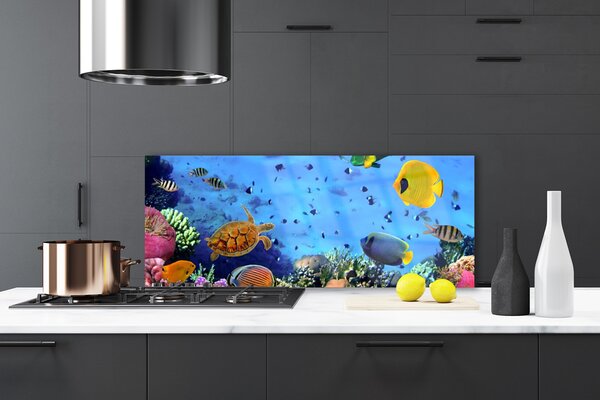 Panou sticla bucatarie Coral Reef subacvatice de pește Natura Albastru Galben Multi