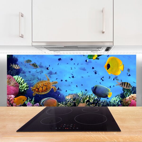 Panou sticla bucatarie Coral Reef subacvatice de pește Natura Albastru Galben Multi