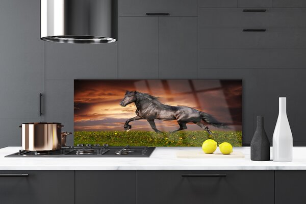 Panou sticla bucatarie Black Horse Meadow Animale Negru Verde Roșu