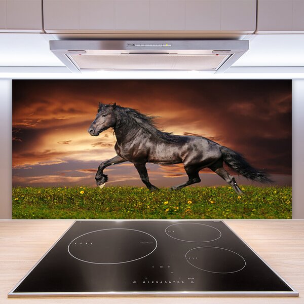 Panou sticla bucatarie Black Horse Meadow Animale Negru Verde Roșu