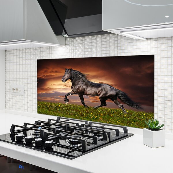 Panou sticla bucatarie Black Horse Meadow Animale Negru Verde Roșu