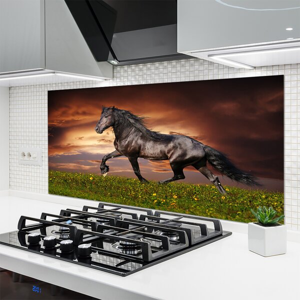 Panou sticla bucatarie Black Horse Meadow Animale Negru Verde Roșu