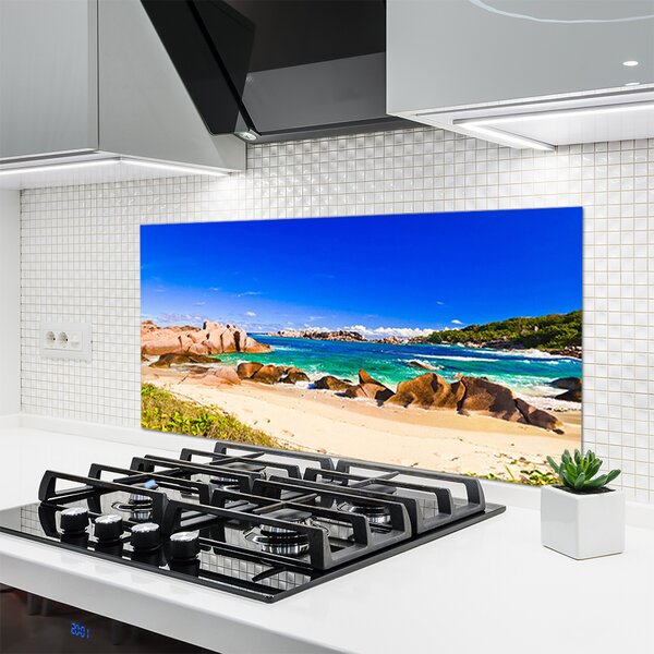 Panou sticla bucatarie Rocky Sea Beach Peisaj Albastru Galben Verde