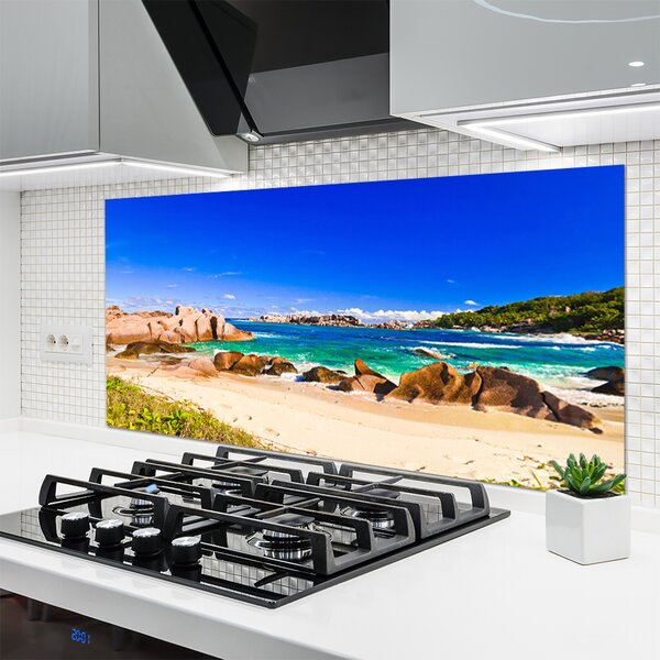 Panou sticla bucatarie Rocky Sea Beach Peisaj Albastru Galben Verde