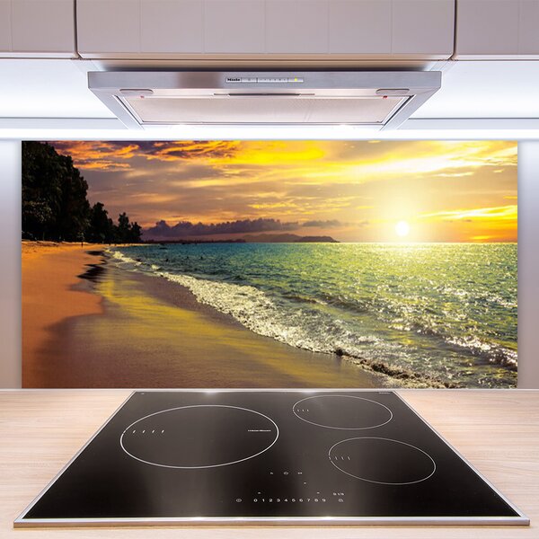 Panou sticla bucatarie Sun Sea Beach peisaj copac Verde Galben Albastru