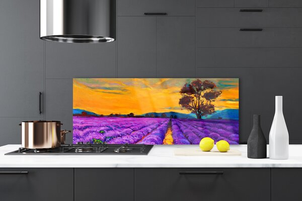 Panou sticla bucatarie Câmp Peisaj Violet Galben Maro