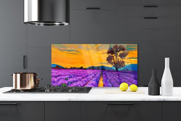 Panou sticla bucatarie Câmp Peisaj Violet Galben Maro