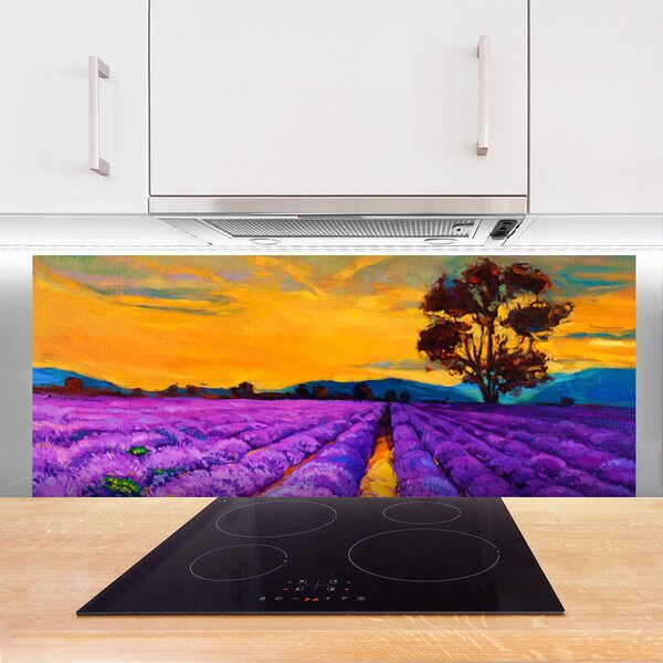Panou sticla bucatarie Câmp Peisaj Violet Galben Maro