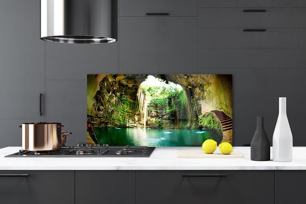 Panou sticla bucatarie Cascada Peisaj Verde Albastru Maro