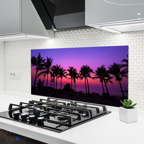 Panou sticla bucatarie Palm Copaci Peisaj negru violet roz