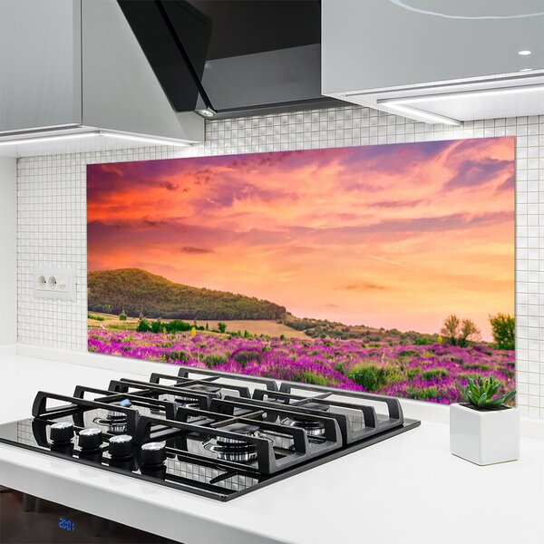 Panou sticla bucatarie Meadow Flori Peisaj Purple Verde Roz