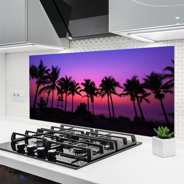 Panou sticla bucatarie Palm Copaci Peisaj negru violet roz