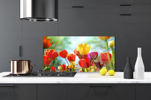 Panou sticla bucatarie Flori Floral Rosu Galben Roz Verde
