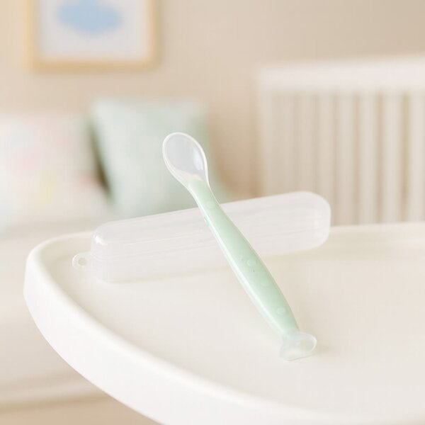 Lingurita bebe din silicon moale, cu ventuza la baza si cutie pentru depozitare Kidizi mint, 6 luni+, ideal inceput diversificare, fara BPA
