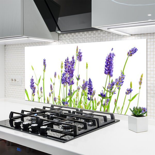 Panou sticla bucatarie Flori Floral Verde Violet Alb