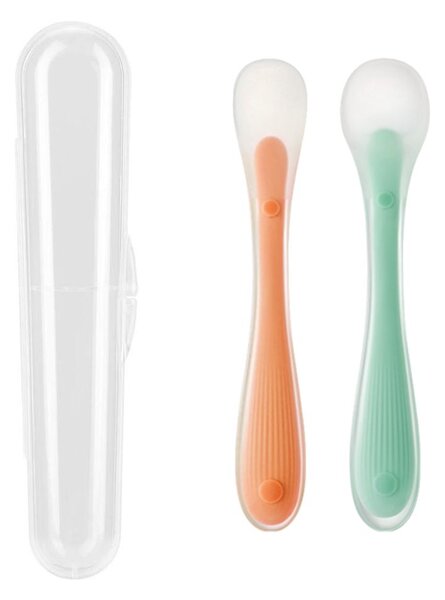 Set 2 lingurite bebe din silicon de dimensiuni diferite, fara BPA, ideala pentru diversificare 6+ luni, include cutie depozitare, Kidizi verde-orange