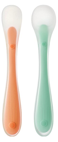 Set 2 lingurite bebe din silicon de dimensiuni diferite, fara BPA, ideala pentru diversificare 6+ luni, include cutie depozitare, Kidizi verde-orange