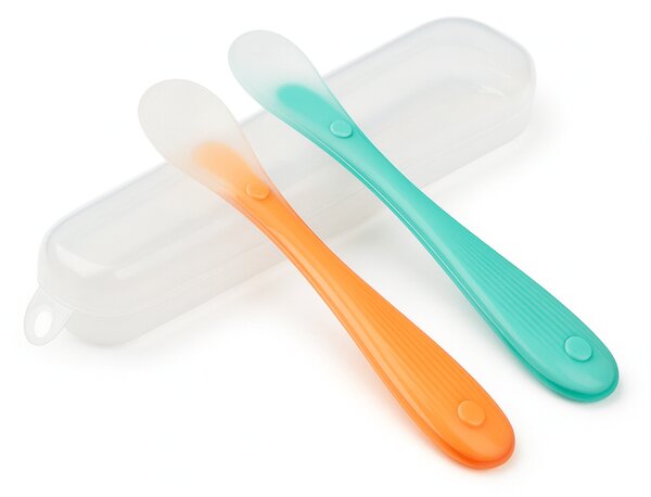 Set 2 lingurite bebe din silicon de dimensiuni diferite, fara BPA, ideala pentru diversificare 6+ luni, include cutie depozitare, Kidizi verde-orange