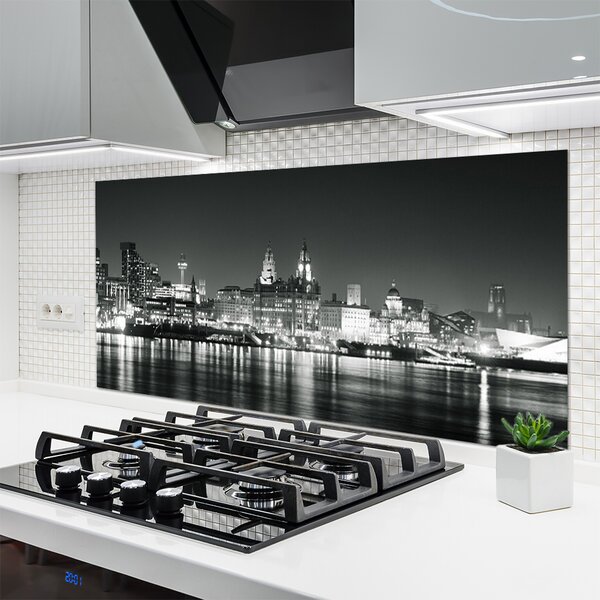 Panou sticla bucatarie Water City Case Negru Gri Alb