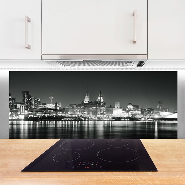 Panou sticla bucatarie Water City Case Negru Gri Alb