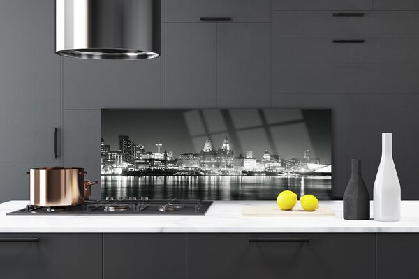 Panou sticla bucatarie Water City Case Negru Gri Alb