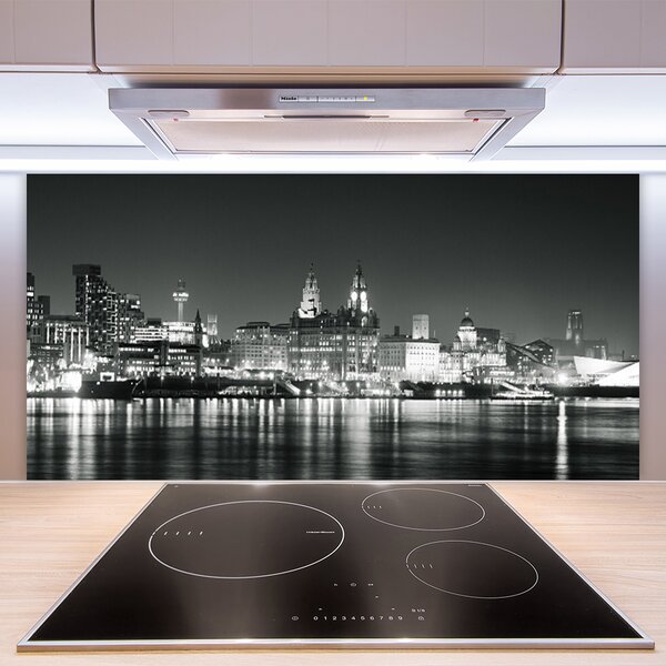 Panou sticla bucatarie Water City Case Negru Gri Alb