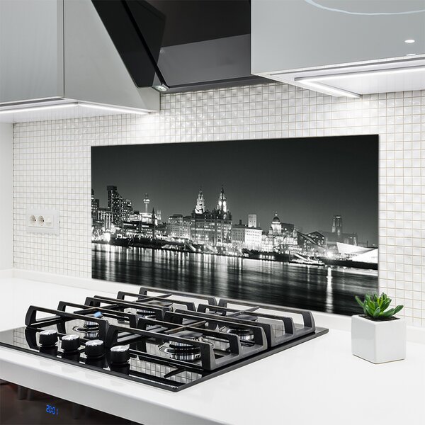 Panou sticla bucatarie Water City Case Negru Gri Alb
