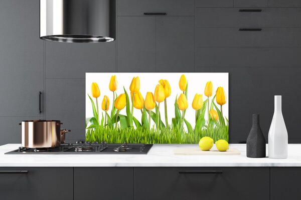 Panou sticla bucatarie Lalele Floral Galben Verde Alb