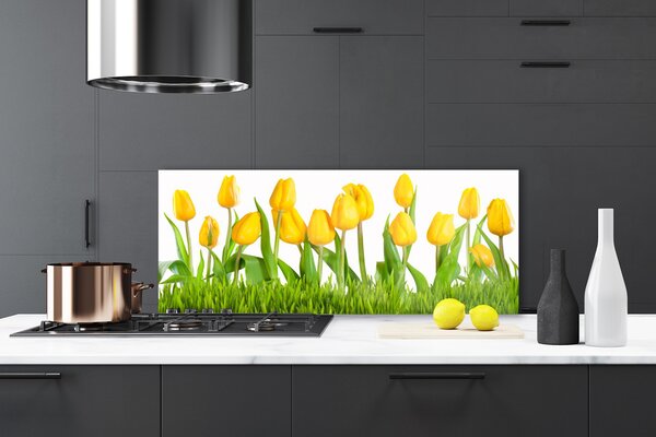 Panou sticla bucatarie Lalele Floral Galben Verde Alb