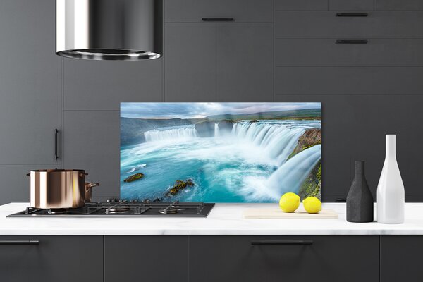 Panou sticla bucatarie Cascada Natura Albastru Alb