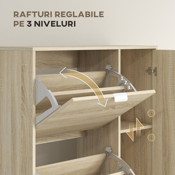 HOMCOM Etajeră pentru Pantofi cu Oglindă, 4 Sertare Rabatabile și 2 Dulapuri, 82x30x168 cm, Culoare Stejar | Aosom Romania