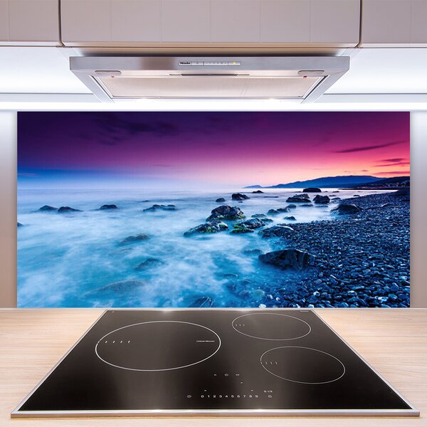 Panou sticla bucatarie Ocean Beach Peisaj violet roz albastru