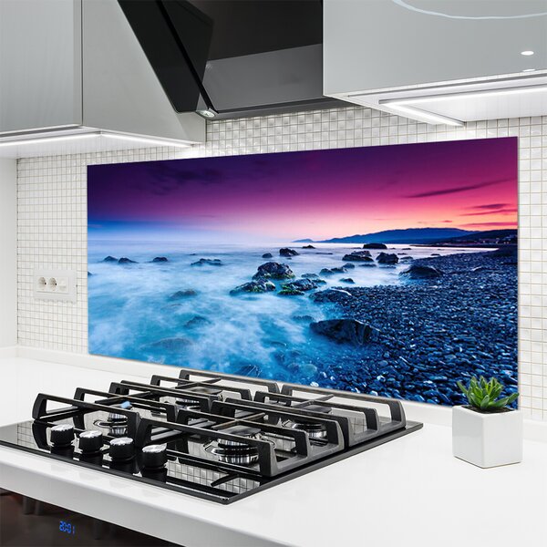 Panou sticla bucatarie Ocean Beach Peisaj violet roz albastru