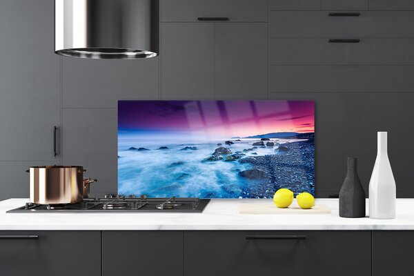 Panou sticla bucatarie Ocean Beach Peisaj violet roz albastru