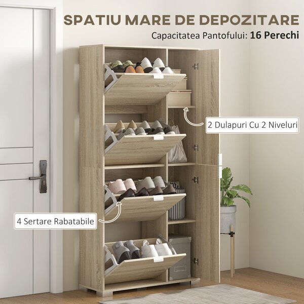 HOMCOM Etajeră pentru Pantofi cu Oglindă, 4 Sertare Rabatabile și 2 Dulapuri, 82x30x168 cm, Culoare Stejar | Aosom Romania