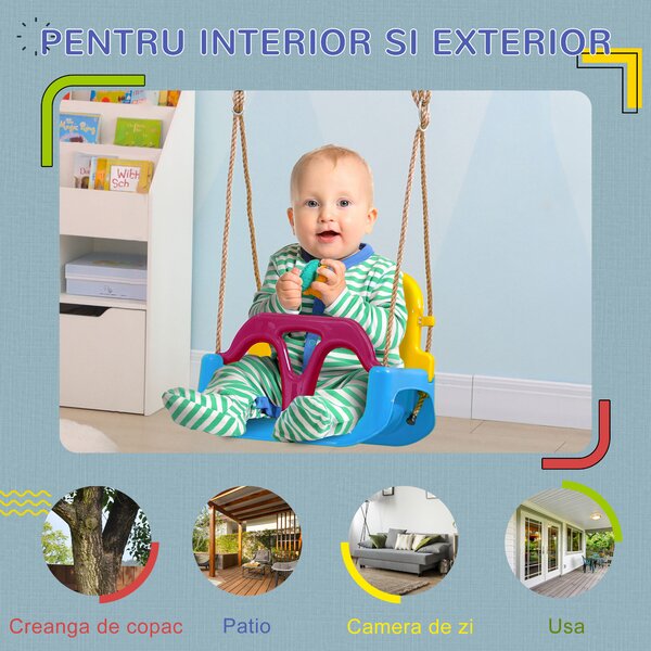 Outsunny Scaun de Leagan 3 in 1 pentru Copii, Leagan pentru Copii pentru Bebelusi pana la Copii, cu Spatar Detasabil si Bara in T, Franghie Reglabila, Varsta 9-36 Luni, Albastru | Aosom Romania