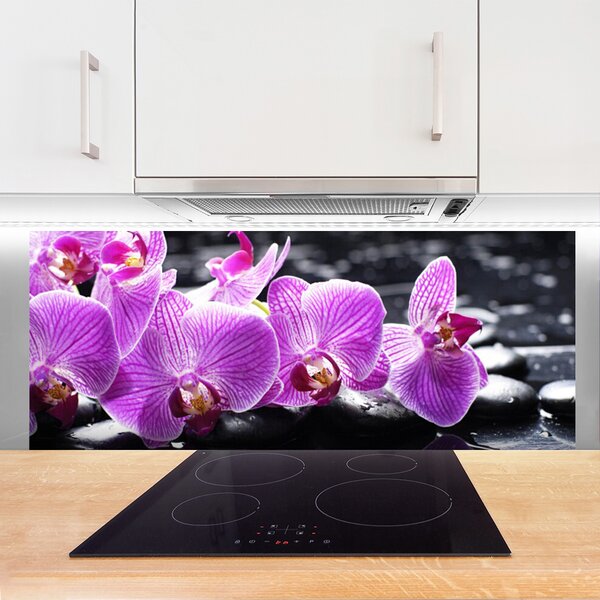 Panou sticla bucatarie Pietre florale flori violet negru