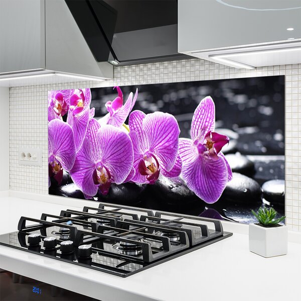 Panou sticla bucatarie Pietre florale flori violet negru