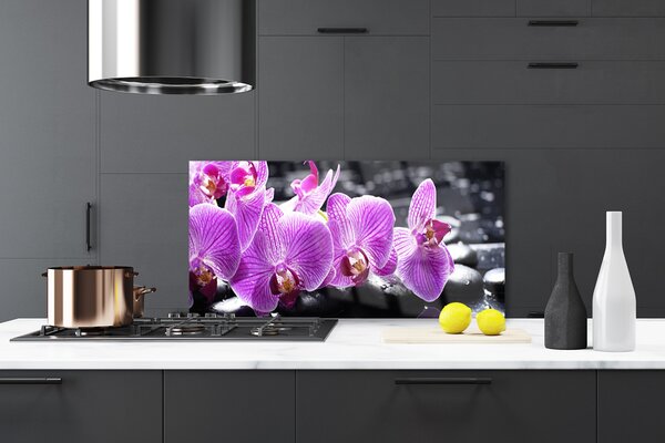 Panou sticla bucatarie Pietre florale flori violet negru
