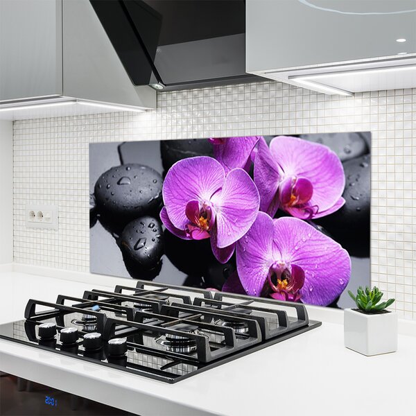 Panou sticla bucatarie Pietre florale flori violet negru