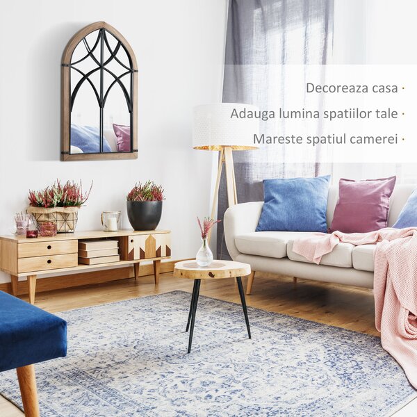 HOMCOM Oglindă de Perete cu Formă de Arc, Detalii Moderne și Cârlige, Oglindă din MDF și Sticlă, 60x93 cm, Maro și Negru | Aosom Romania